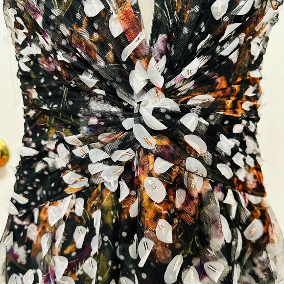 MARCHESA NOTTE EMBELLISHED PRINTED TULLE AND CREPE DE CHINE MIDI PARTY DRESS - Picture 3 of 12